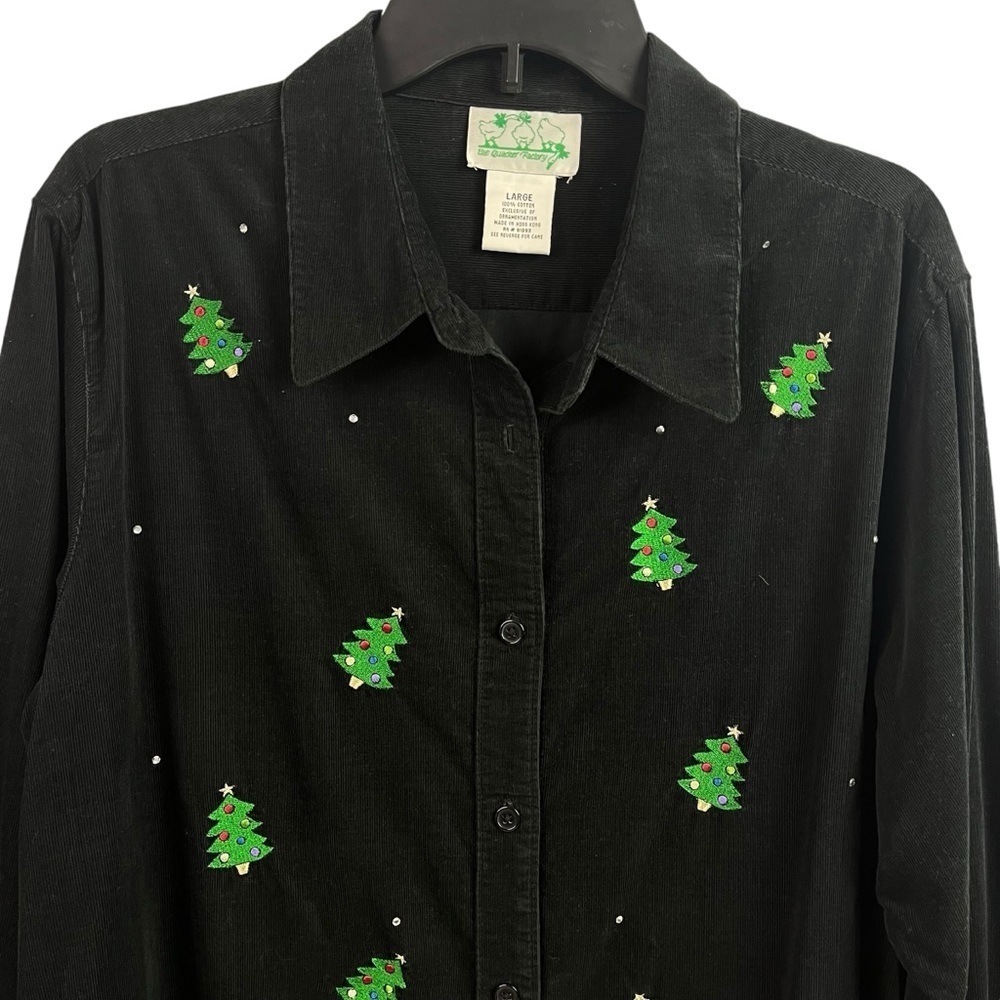 The Quaker Factory Corduroy Shirt Embroidered Christmas Trees Black Large - Picture 3 of 9